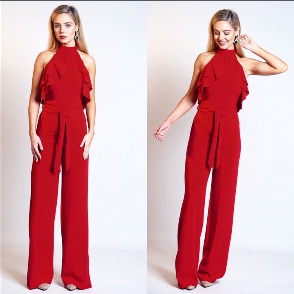 Wine Choker Frill Jumpsuit